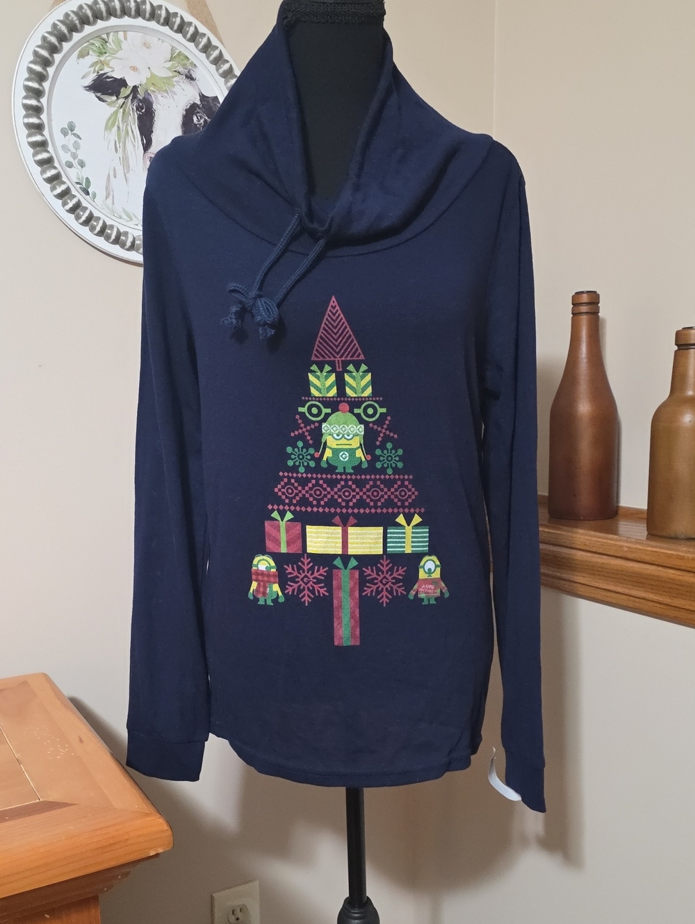 Women's Navy Cowl Neck Holiday Graphic Hoodie